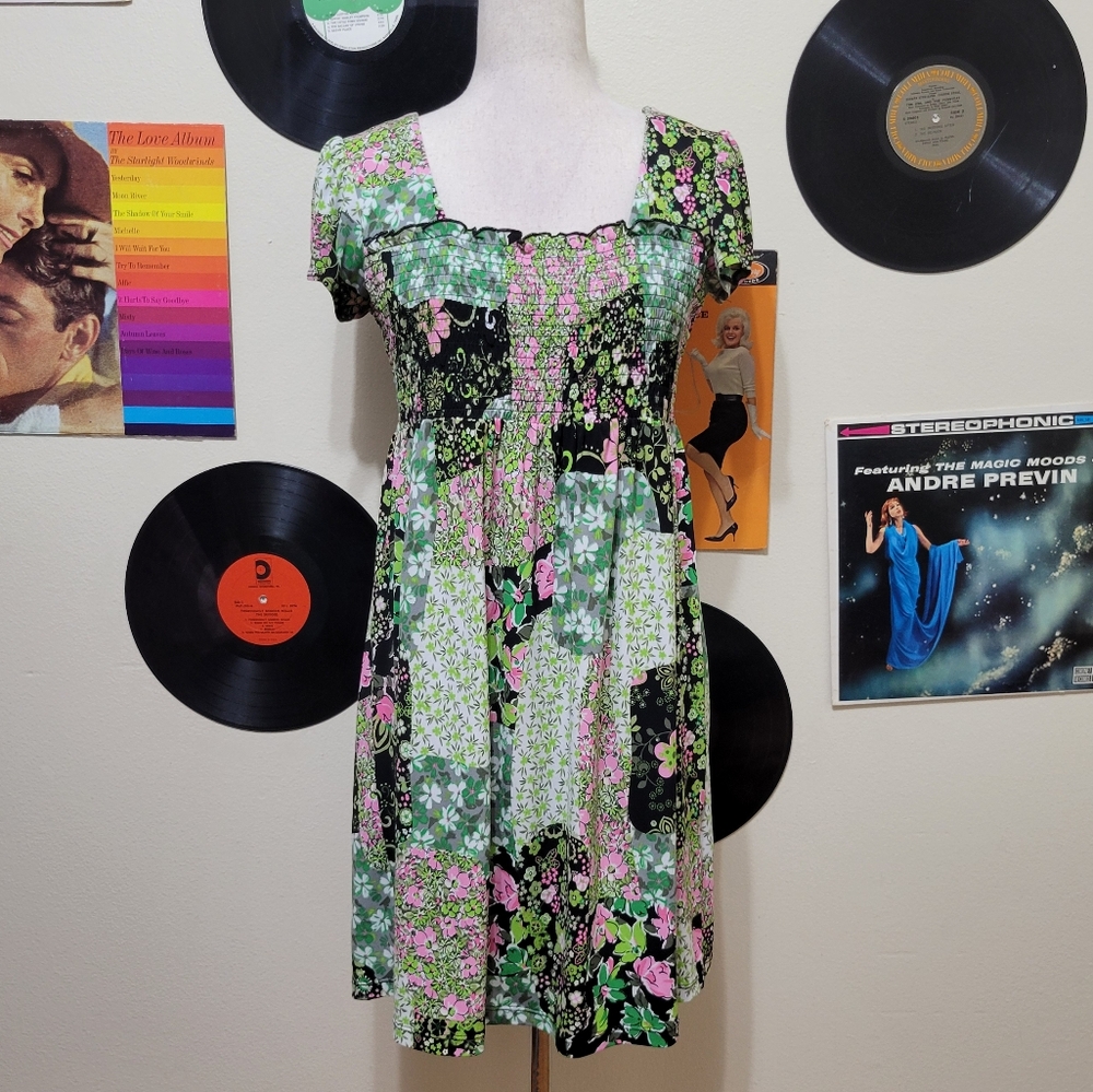 Ronni Nicole | Green & Pink Patchwork Floral Dress